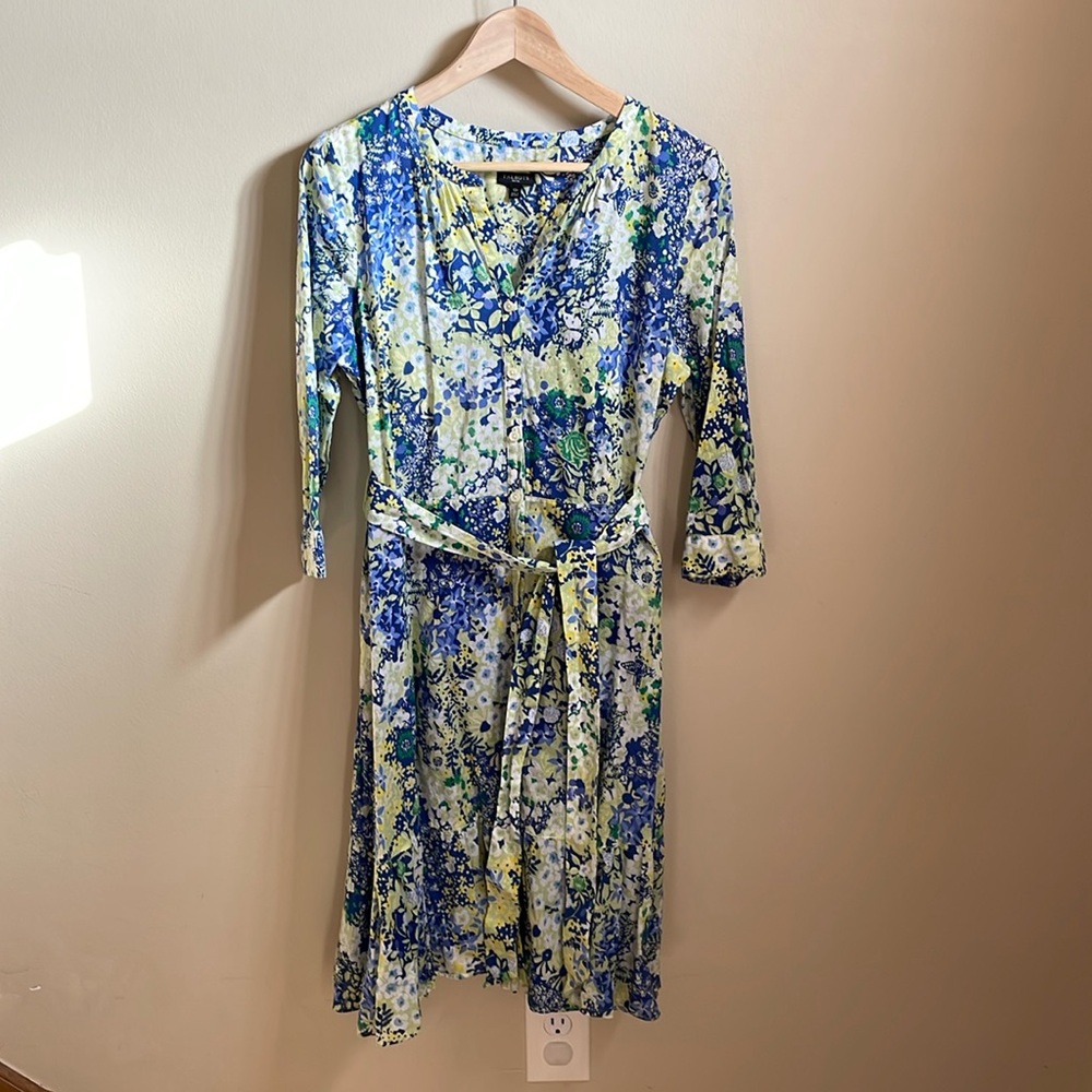 Talbot’s women’s button front w/ waist tie shirt dress floral butterfly garden